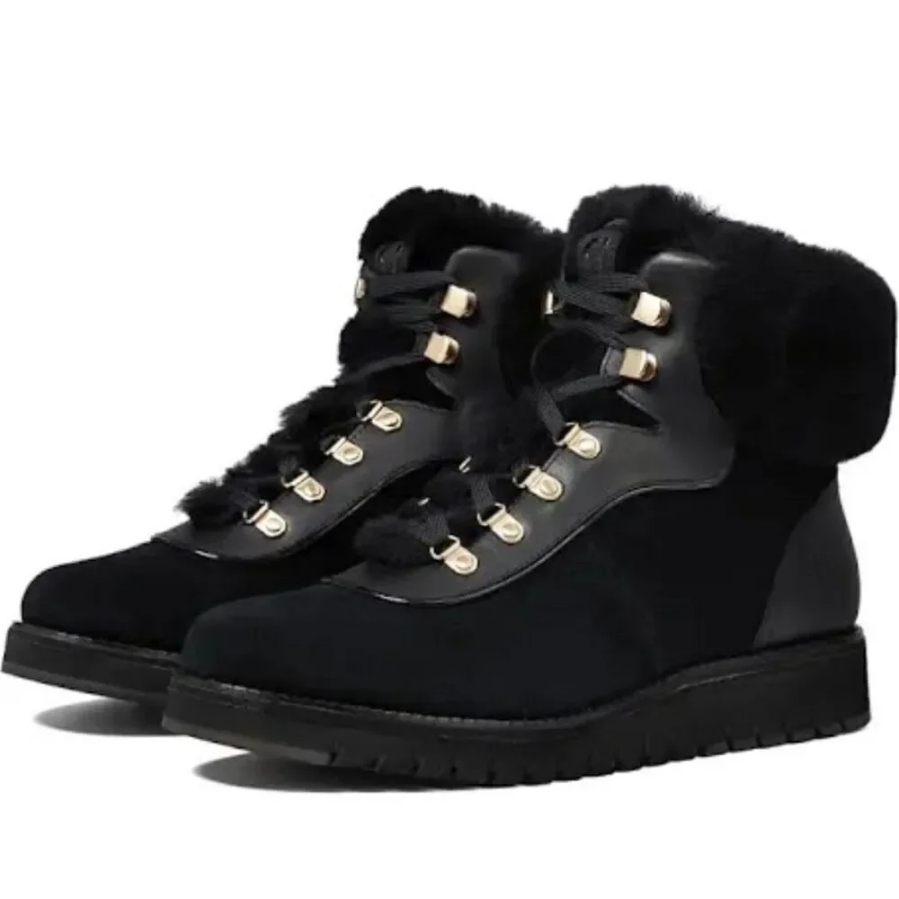 Cole Haan Winter Fur Boots Size‎ 7B Womens Waterproof Black Lugged Sole